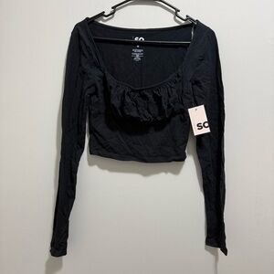 SO women’s NWT Black Long-Sleeve Cropped Ruffled Scoop Top